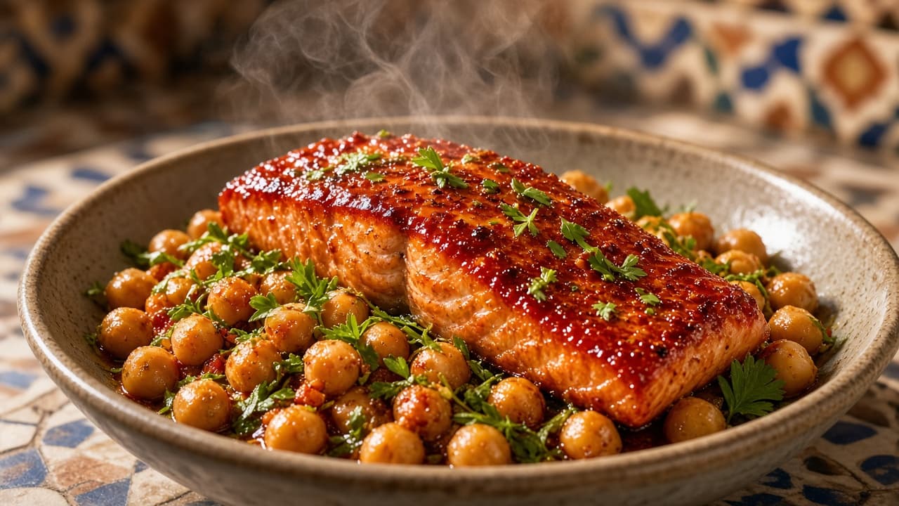 Harissa Salmon with Chickpeas